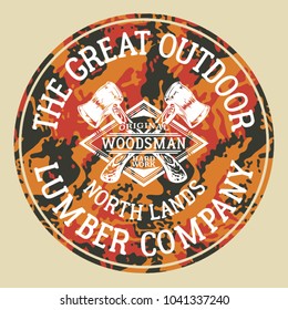 The great outdoor woodsman lumber company, vector artworks for boy t shirt badge with camouflage background
