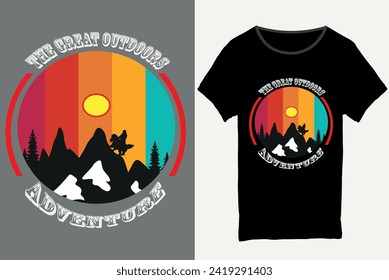 The great outdoors adventure, Mountain illustration, outdoor adventure t- shirt design, Perfect for posters, apparel, Vintage adventure t-shirt design.