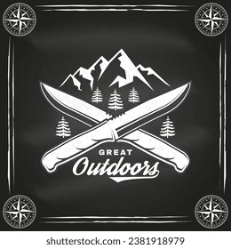 Great outdoors badge on chalkboard. Vector illustration. Concept for shirt or logo, print, stamp, patch or tee. Vintage typography design with forest pine tree, camping knives and mountain silhouette