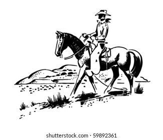 The Great Outdoors - Cowboy On Horseback - Retro Clip Art