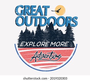 Great outdoors explore graphic print artwork. Mountain tree vector design. Wild trek with sun view vintage design. 