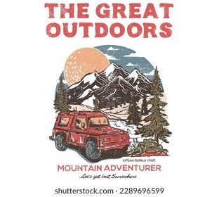 The great outdoors. Explore more print design. Outdoor at the mountain retro print design for t shirt and others. Camping beside of lake graphic artwork. Car vintage design.