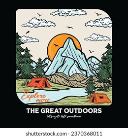 The great outdoors. Explore more print design. Outdoor at the mountain. Mountain with tree retro vintage print design. Mountain lake graphic artwork.