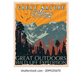 Great outdoors graphic print  design for t shirt print, poster, sticker, background and other uses. Mountain vector print artwork. 