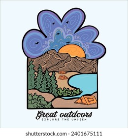 The Great Outdoors Mountain camping. Adventure vintage print design for t shirt and others. Mountain lake graphic artwork. Mountain hiking graphic artwork.