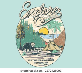 Great outdoors mountain camping vector artwork design for any kind of thinks. outside tour print for apparel. Exploring outside artwork graphic.