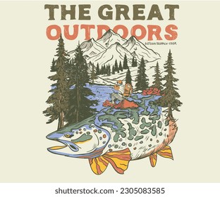 The great outdoors. Mountain lake artwork design. trout fish design. Wild life. Keep wild nature. Fish with mountain graphic print design for t shirt , sticker, posters and others. 