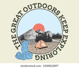 The great outdoors. Mountain lake artwork design. poster, sticker, background and other uses. Mountain vector print artwork. Mountain adventure vintage artwork for poster,  Wild life illustration.