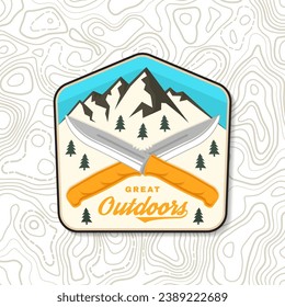 Great outdoors patch, sticker. Vector illustration. Concept for shirt or logo, print, stamp, patch or tee. Vintage typography design with forest pine tree, camping knives and mountain silhouette