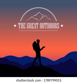 The great outdoors. Silhouette of a man  in the mountains.