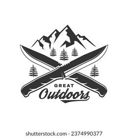 Great outdoors sticker. Vector illustration. Concept for shirt or logo, print, stamp, patch or tee. Vintage typography design with forest pine tree, camping knives and mountain silhouette