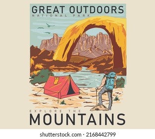 Great outdoors vector print design. Wild life artwork for posters, stickers, background and others. Mountain national park vibes illustration.