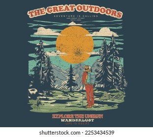 The great outdoors vintage print design for t shirt and others. National park graphic artwork for sticker, poster, background. Mountain adventure. Hiking print.