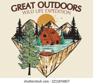 Great outdoors. Wild life expedition artwork for poster, sticker, background and others. All good things are wild and free. Mountain adventure design, pain tree.