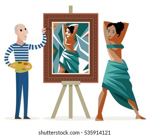 gran pintor pintando una modelo en vivo de estilo cubista