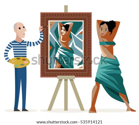 great painter painting a live model in cubist style