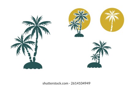 great palm trees and small island logo, silhouette of cute tree in beach vector illustrations