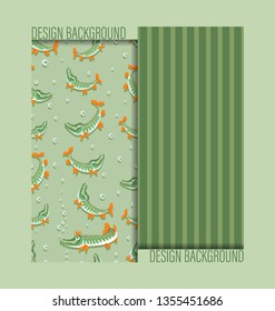 Great pike. Background with pikes in the pond and a striped background. Set. Seamless pattern. Design for children's textiles, background image for packaging materials. Cartoon style.