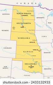 Great Plains Region of the United States, political map. Sometimes simply the Plains, are a broad expanse of flatland in North America, located between the Rocky Mountain and the Midwest region.