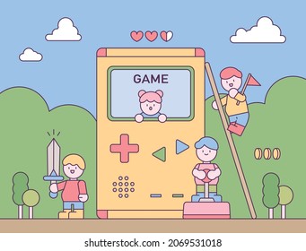 A great portable video game. Cute characters are wandering around the game. flat design style vector illustration.