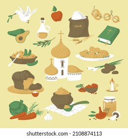 Great Post. A Set Of Lenten Dishes And Church Paraphernalia. Religious Holiday. Vector Image. 