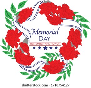 Great postcard for Memorial Day. Wreath with red flowers and white and blue ribbon. Vector illustration. 