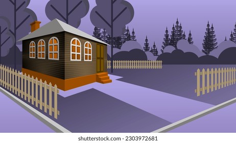 A great poster with a rural landscape for your projects. House with a fence in the yard among the trees in the background, bushes, coniferous forest, evening sky. Isometric. Vector.
