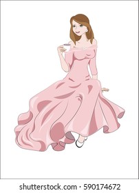 The great princess in a ball dress, with a cup of tea, coffee, hot chocolate, cocoa