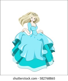 great princess bride with golden hair in a ball blue dress and crown
