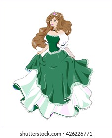 great princess with brown hair in a ball green dress