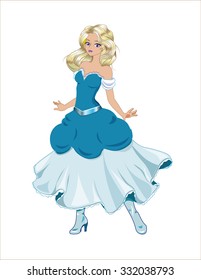 great princess with gold hair in a ball blue dress and boots
