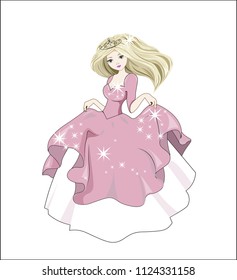 great princess with golden hair in a ball pink dress and crown