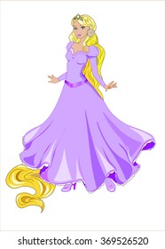 great princess Rapunzel with long hair in a purple dress, crown and boots