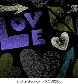 Great print on a black backdrop for poster, textile, printing or fabric. Vector seamless pattern with hand drawn word love, cupid's arrow, lipstick kisses and heart in green, gray and violet colors.