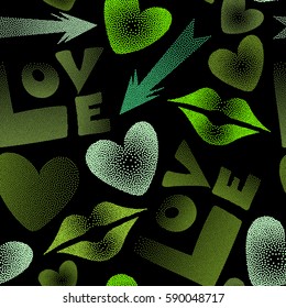 Great print on a black background for poster, cards, textile, printing or fabric. Vector seamless pattern with hand drawn word love, cupid's arrow, lipstick kisses and heart in green colors.