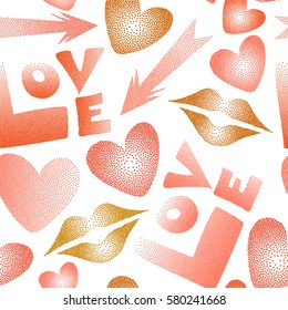 Great print on a white background for poster, cards, textile, printing, fabric. Vector seamless pattern with hand drawn word love, cupid's arrow, lipstick kisses and heart in orange and yellow colors.