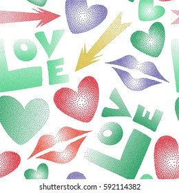 Great print on a white background for poster, cards, textile, printing or fabric. Vector seamless pattern with hand drawn word love, cupid's arrow, kisses and heart in green, yellow and violet colors.