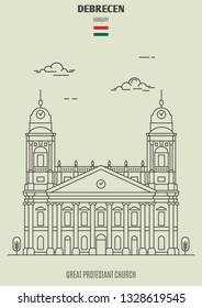 Great Protestant Church in Debrecen, Hungary. Landmark icon in linear style