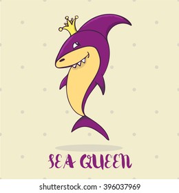 Great purple cartoon shark princess or queen with crown smiling. For kids book, menu restaurant, cafe, menu seafood. 