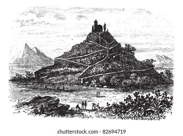 Great Pyramid of Cholula or Tlachihualtepetl in Puebla, Mexico, during the 1890s, vintage engraving. Old engraved illustration of the Great Pyramid of Cholula. Trousset encyclopedia (1886 - 1891).