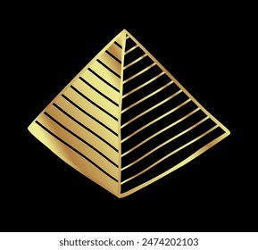 Great Pyramid of Giza built by the Ancient Egyptians. Cairo, Egypt. Alchemy, religion, spirituality, occultism, tattoo art. Hand-drawn vintage vector outline illustration in gold over black.