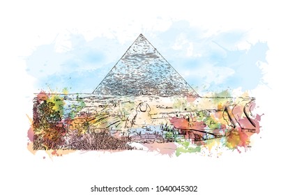 The Great Pyramid of Giza is the oldest in the Giza pyramid complex bordering what is now El Giza, Egypt.Watercolor splash with Hand drawn sketch illustration in vector.