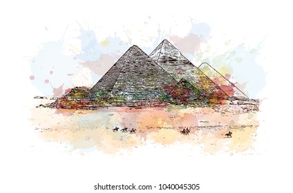 The Great Pyramid of Giza is the oldest in the Giza pyramid complex bordering what is now El Giza, Egypt.Watercolor splash with Hand drawn sketch illustration in vector.