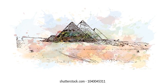 The Great Pyramid of Giza is the oldest in the Giza pyramid complex bordering what is now El Giza, Egypt.Watercolor splash with Hand drawn sketch illustration in vector.