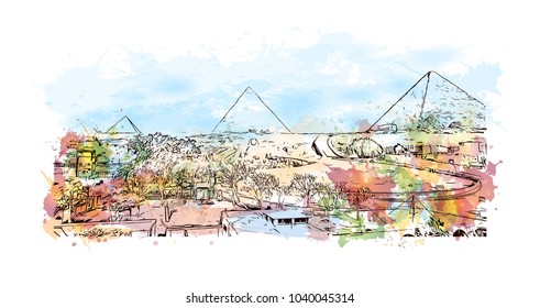 The Great Pyramid of Giza is the oldest in the Giza pyramid complex bordering what is now El Giza, Egypt.Watercolor splash with Hand drawn sketch illustration in vector.