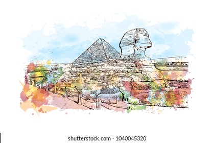 The Great Pyramid of Giza is the oldest in the Giza pyramid complex bordering what is now El Giza, Egypt.Watercolor splash with Hand drawn sketch illustration in vector.