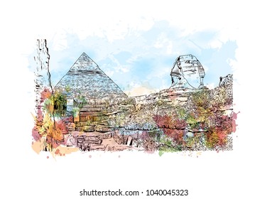 The Great Pyramid of Giza is the oldest in the Giza pyramid complex bordering what is now El Giza, Egypt.Watercolor splash with Hand drawn sketch illustration in vector.