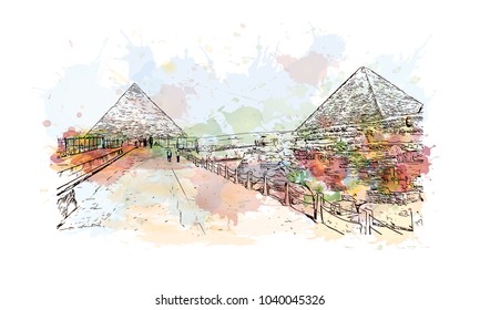 The Great Pyramid of Giza is the oldest in the Giza pyramid complex bordering what is now El Giza, Egypt.Watercolor splash with Hand drawn sketch illustration in vector.