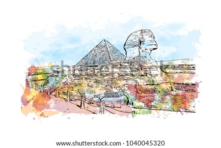The Great Pyramid of Giza is the oldest in the Giza pyramid complex bordering what is now El Giza, Egypt.Watercolor splash with Hand drawn sketch illustration in vector.