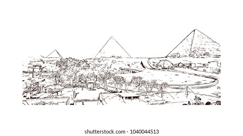 The Great Pyramid of Giza is the oldest and largest of the three pyramids in the Giza pyramid complex bordering what is now El Giza, Egypt. Hand drawn sketch illustration in vector.